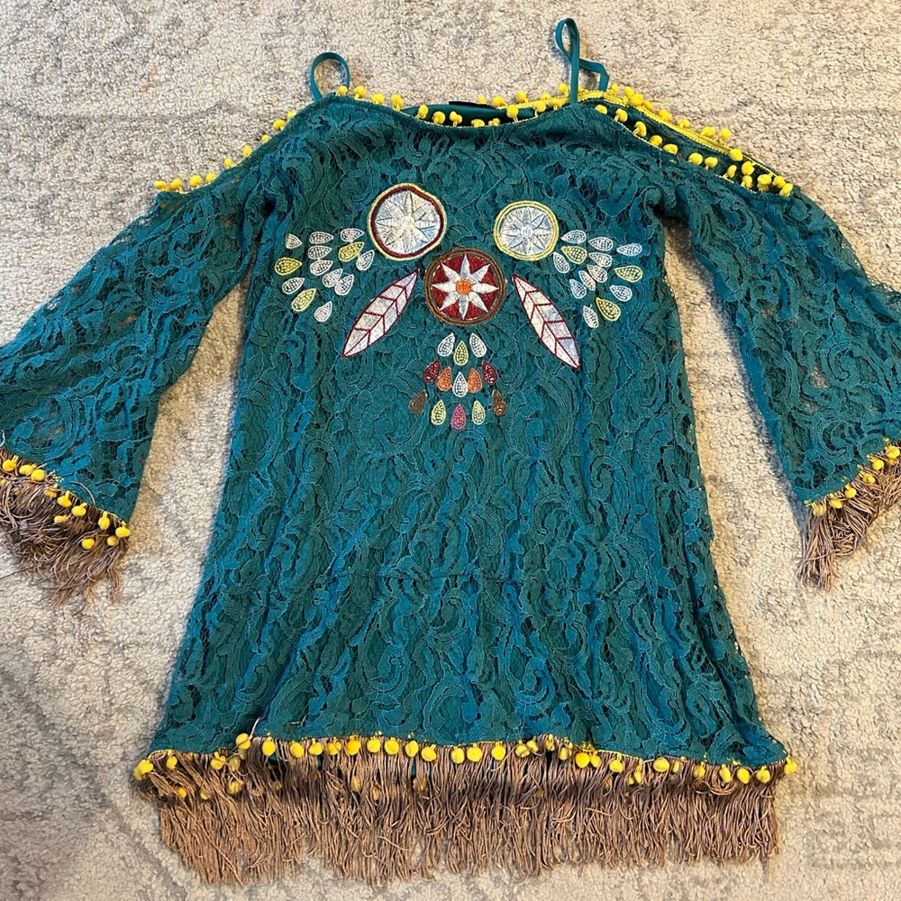 MISLOOK Lace Dress Turquoise Size Large BOHO Fringe Cold Shoulder Embroidery
